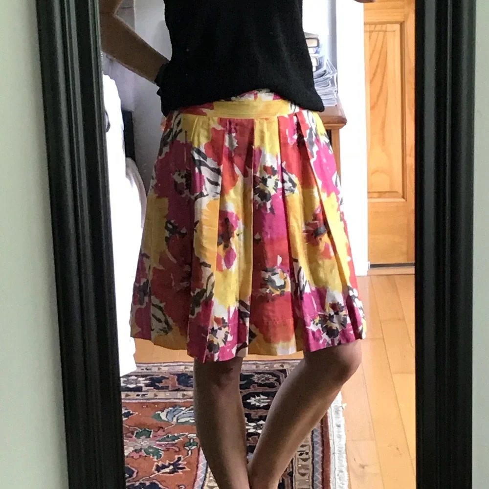 Vintage The Limited Pink Yellow Floral Silk Cotton Pleated A Line Skirt Sz 6